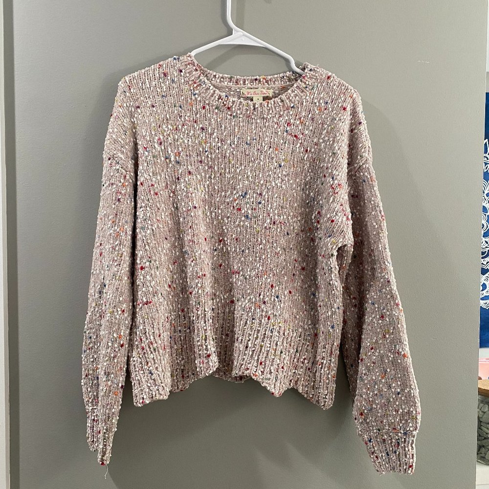 Francescas tan/grey sweater with white and colored spots